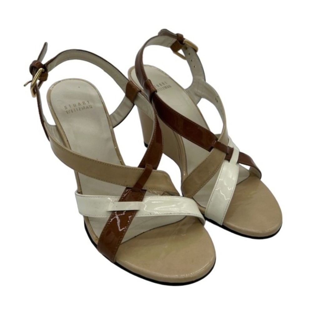 Stuart Weitzman Wedge Sandals Women's Size 7M‎ Tan Patent Leather Strappy - Picture 1 of 6